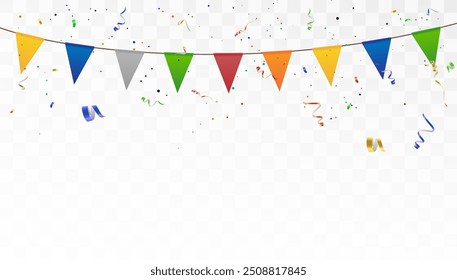 Festive flags and confetti streamers, serpentine ribbons on a transparent background. Vector