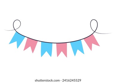 Festive flags garland in transgender flag colors. Colorful pink and blue party decoration. Vector illustration isolated on white background.