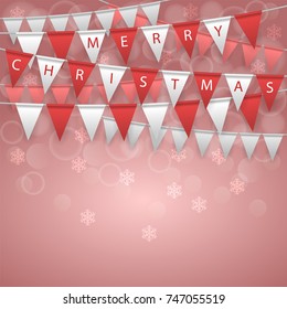 Festive flags on red bokeh background. Holiday, celebration party. Merry Christmas greeting card. Vector illustration