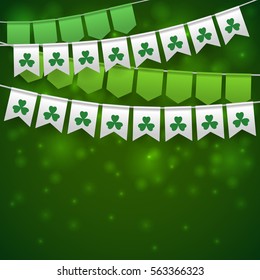 Festive flags with shamrock on green bokeh background. Irish holiday, celebration party. St. Patrick's day greeting card. Vector illustration