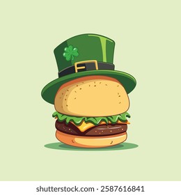 A festive flat cartoon burger wearing a vibrant green top hat, Ideal for holiday promotions, party invitations, or digital content celebrating March 17.