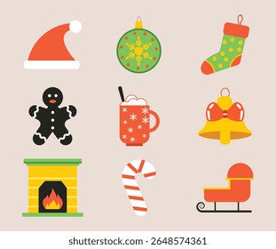 Festive Flat Design Elements for the Christmas Season with Holiday Icons and Decorations
