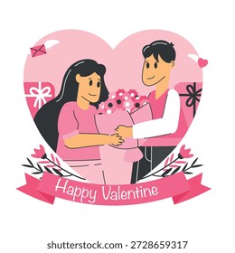 Una ilustración de diseño plano festivo que celebra el Día de San Valentín, simbolizando su felicidad y amor. tema creativo de amor y actividad de estilo de vida, Ilustración vectorial plana con colores sólidos.