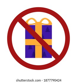 Festive flat gift box with ribbon in prohibition sign. Forbid on giving gifts. Ban on birthdays and Christmas. Vector sign for logos, icons, stickers and your design