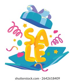 Festive flat illustration of a blue open gift box bursting with balloon SALE letters, ribbons, and colorful confetti. Ideal for promotion, special offer, holiday sale, and shopping marketing designs.