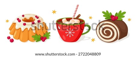 Festive Flat Illustration of Christmas Sweets with Bundt Cake, Mug of Hot Chocolate and Chocolate Swiss Roll Arranged on White Background. Perfect for greeting cards, holiday posters, social media, website banners, menu design, packaging, invitations and seasonal marketing projects