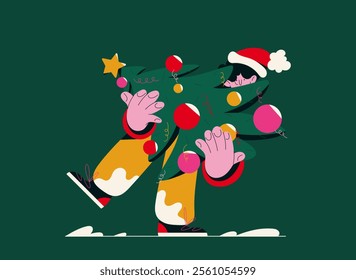 Festive flat illustration of a person in a Santa hat carrying a decorated Christmas tree with colorful ornaments. Perfect for holiday designs, greeting cards, or seasonal promotions