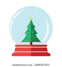 Una ilustración plana festiva de un globo de nieve con un árbol de Navidad decorado y copos de nieve que caen sobre una base roja.