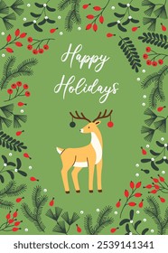 Festive flat style holiday card featuring a charming reindeer adorned with ornaments on a green background. Surrounded by holiday foliage like pine branches and holly, perfect for Christmas greetings.