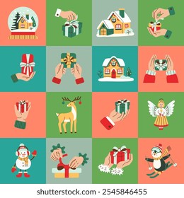 Festive flat style illustrations showcasing Christmas and holiday themes including gifts, hands, snowman, angel, houses, deer, and winter elements. Perfect for seasonal designs and greeting cards.