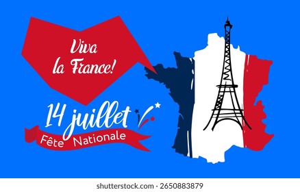 Festive flat vector illustration for Bastille Day with 'Vive la France!' text, French flags and fireworks. Perfect for 14 juillet cards and social media. Patriotic tricolor design.