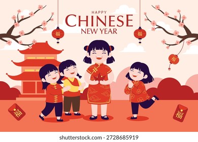 Festive flat vector illustration depicts happy children celebrating the Chinese New Year, holding red envelopes (Hongbao) against a backdrop of a pagoda, plum blossoms, and traditional lanterns.
