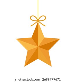 A festive flat vector illustration of a hanging golden star ornament. With its clean, geometric design and simple bow, this isolated icon for any Christmas or holiday-themed project.