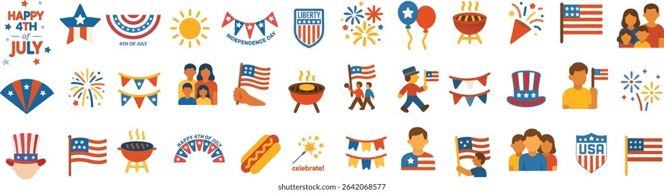 Festive flat vector illustration set featuring celebration elements and star motifs in a clean and simple design perfect for scalable Independence Day themed projects.