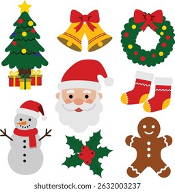 A festive flat vector set featuring classic Christmas symbols in clean, cheerful style. Ideal for holiday cards, gift tags, seasonal promotions, posters, educational resources, and digital designs.