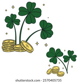 A festive flat vector for St. Patrick’s Day, featuring green shamrocks, gold coins, and sparkling stars. Perfect for t-shirts, cards, and digital designs celebrating Irish luck and prosperity.