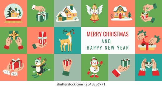 Festive flat-style holiday illustrations featuring gifts, hands, snowman, angel, deer, houses, and winter scenes. Perfect for Christmas greeting cards, seasonal decorations, and design projects.