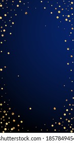 Festive flawless confetti. Celebration stars. Sparse gold confetti on dark blue background. Favorable festive overlay template. Vertical vector background.