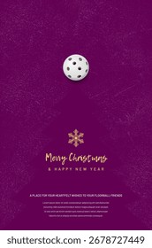 Festive Floorball card features violet background with a Christmas theme, combining traditional holiday elements with sports, perfect for Floorball fans during the holidays. Vector illustration.