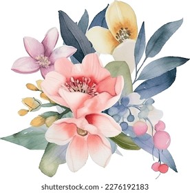 Festive floral composition on a white background. Wildflowers, twigs, floral arrangements and designer vector hand drawn elements.