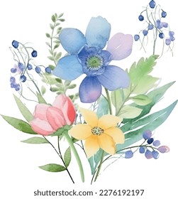 Festive floral composition on a white background. Wildflowers, twigs, floral arrangements and designer vector hand drawn elements.