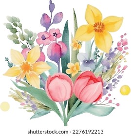 Festive floral composition on a white background. Wildflowers, twigs, floral arrangements and designer vector hand drawn elements.