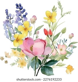 Composición floral festiva sobre fondo blanco. Flores silvestres, ramitas, arreglos florales y elementos dibujados a mano por vectores de diseño.