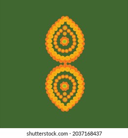 Festive floral decoration of marigold flowers in orange and red color on green color background.