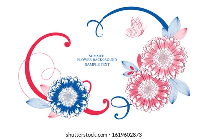 Festive floral frame with beautiful gerbera flower buds, curls and butterfly. Vector elements for creating greeting cards, wedding and solemn invitations.