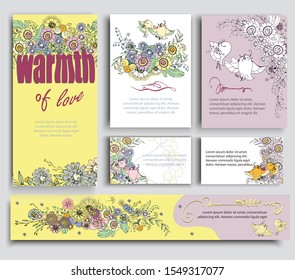 Festive floral patterns with cute flowers and a truly emotional birds. For romantic and Easter design, announcements, greeting cards, invitations, posters, advertising, business cards. The warmth of l