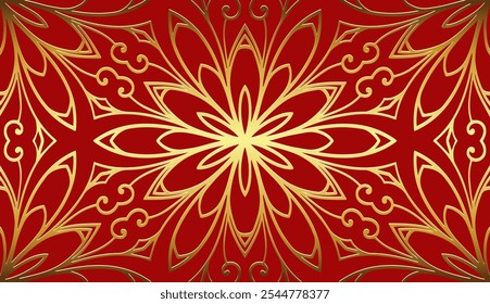 Festive floral red background, tribal cover design, banner. Geometric gold 3D pattern, embossing. Vintage ornaments, arabesques, mandala of the East, Asia, India, Mexico, Aztec, Peru. Ethnic print.