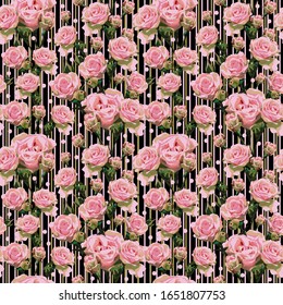 Festive Floral striped vector seamless pattern. Many bright pink roses with green stem, dots and stripe on black background. Ornate template for design, card, wallpaper, festive banner.