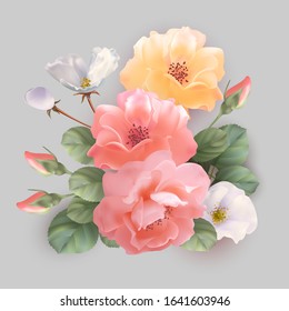 Festive flower arrangement. Beautiful flowers on a grey background. Branch of flowers