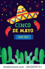 Festive flyer for Cinco de Mayo - federal holiday in Mexico. Vector design with decorative folk art elements. Vector illustration