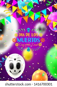 Festive flyer of Day of the Dead. Colorful background with realistic flying white and colour air balloons. Vector illustration with color garlands and confetti.
