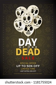 Festive flyer of Day of the Dead sale. Dark background with white balloons. Vector illustration for seasonal discount offer..