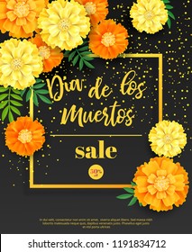 Festive flyer of Day of the Dead sale. Dark background with yellow marigold and golden confetti. Vector illustration for seasonal discount offer