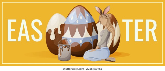 Festive flyer for Happy Easter. A girl in a headband with bunny ears sits next to painted eggs with a bucket of paint. Vector illustration for poster, banner, website.