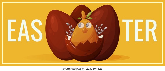 Festive flyer for Happy Easter. Traditional red eggs and cute chick, willow twigs. Vector illustration for poster, banner, website.