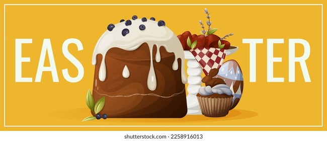 Festive flyer for Happy Easter. Traditional cake with icing, chocolate bunny cupcake, red eggs on a plate with stand, willow twigs and an egg. Vector illustration for poster, banner, website.