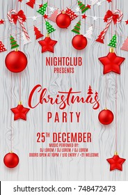 Festive Flyer for Merry Christmas Party. Beautiful Decoration with Color Garlands, Xmas Balls and Candy Canes. Happy New Year Elegant Card. Vector Illustration. Invitation to nightclub.