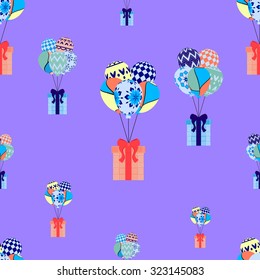 Festive flying balloons and gifts. Christmas seamless pattern, vector illustration. Can be used as Christmas card, invitation, web page background, pattern fills, t-shirt design  and other decoration