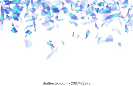 Festive flying confetti scatter vector illustration. Blue  hologram elements festival decor. Cracker poppers party confetti. Holiday celebration decoration background. Happy mood.