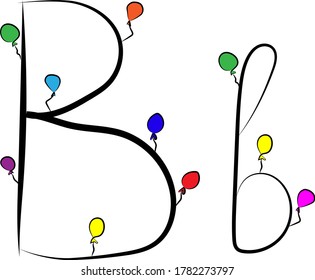 A festive font. Bright colored balloons. Birthday, anniversary, holiday atmosphere. Design of greeting cards and wedding invitations. Uppercase and lowercase Latin letter B in English. Concise design 