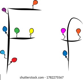 Un tipo de letra festivo. Globos de colores vivos. Cumpleaños, aniversario, ambiente festivo. Diseño de tarjetas de felicitación e invitaciones a bodas. Letra latina mayúscula y minúscula F en inglés. Diseño conciso 
