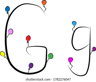 A festive font. Bright colored balloons. Birthday, anniversary, holiday atmosphere. Design of greeting cards and wedding invitations. Uppercase and lowercase Latin letter G in English. Concise design 