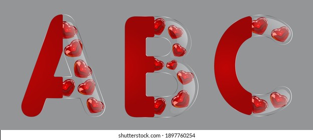 Festive font for Valentine's Day. The letters A, B, C. Vector illustration. Glass letter on half, red glass 3D heart of red color. Isolated on a gray background.
