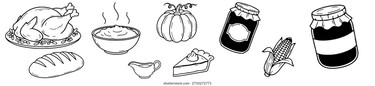 A festive food icon set with visuals for turkey, pie, preserves, and seasonal harvest dishes.