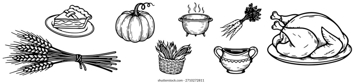 A festive food icon set with visuals for turkey, pie, preserves, and seasonal harvest dishes.