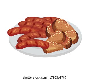 Festive Food for Oktoberfest Celebration with Grilled Sausages and Bread Slices Rested on Plate Vector Illustration